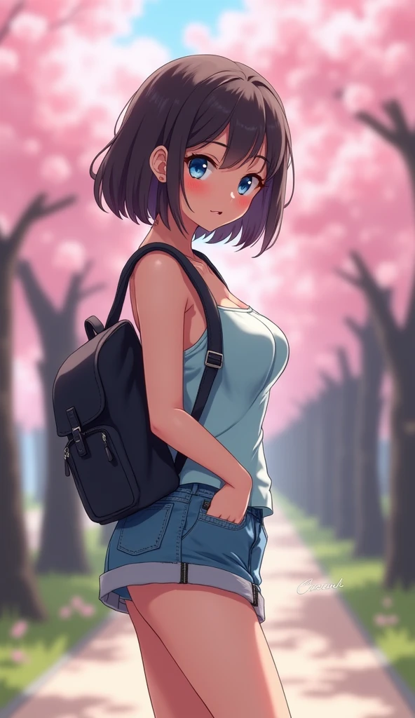 High definition, high quality, realistic, 8K, light blue camisole, skirt rolled up, backpack on, blue eyes when turning around, blushing level: 1.1, embarrassment, disgust: 1.0, detailed underwear, row of cherry blossom trees, overflowing breasts, blurred background