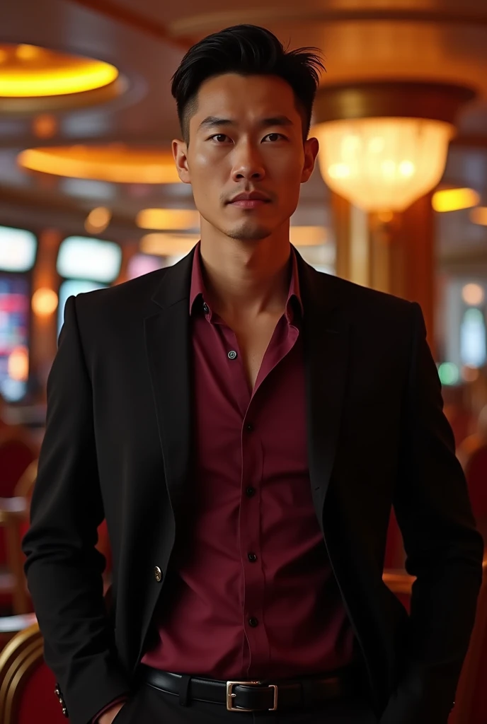 Create a profile photo of a handsome Asian man with a build similar to Henry Golding, 30 years old, dressed in a wine-colored shirt and black jacket posing in a casino, three quarter body shot