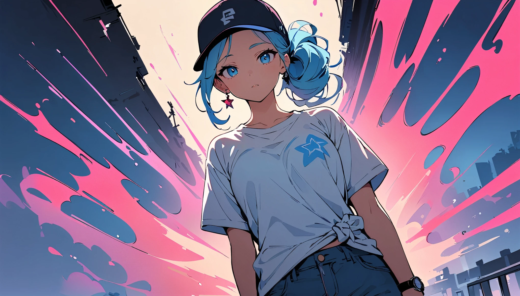 Woman in baseball cap,He is holding up a cigarette and smoking.。, Anime atmosphere of the 80s, 90s anime style, 90s anime style, 80s anime style, In 80s anime art style, 90s anime art style, Anime atmosphere, 80s anime art style, 1980's anime style,Neon Light