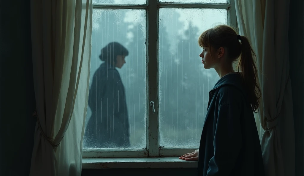 A solemn scene with a teenage J.K. Rowling standing beside a window, looking out at the rain, with a shadowy figure representing her late mother in the background, symbolizing her grief.