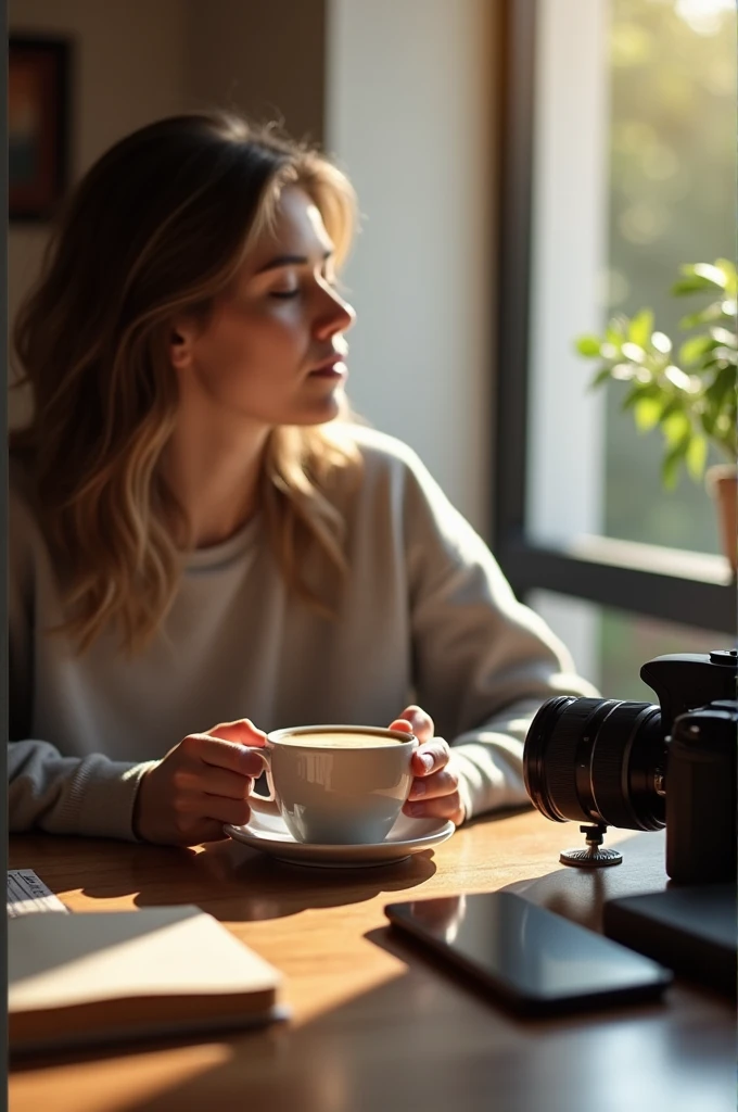A scene of a photographer or videographer enjoying a morning coffee. The setting is a cozy cafe with warm, natural light streaming through a large window. The person is dressed casually, with a camera or video equipment placed on the table beside the coffee cup. The focus is on their hands holding the coffee cup and the camera equipment, with some creative accessories like a notebook or smartphone visible. The composition should emphasize the aesthetic of a peaceful morning, capturing the essence of a content creator preparing for the day. The photographer's or videographer's face is intentionally out of frame, ensuring the focus remains on the mood and objects in the scene. Like iphone photo that he took of the coffee and the camera