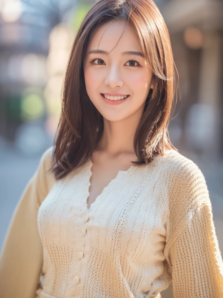 masutepiece, Best Quality, Illustration, Ultra-detailed, finely detail, hight resolution, 8K Wallpaper, Perfect dynamic composition, Beautiful detailed eyes, doress,Medium Hair, mid-chest, Natural Color Lip, Random and sexy poses,Smile,Street Walk、20 years girl、Colossal Too much exposure、Knitted tops、office lady