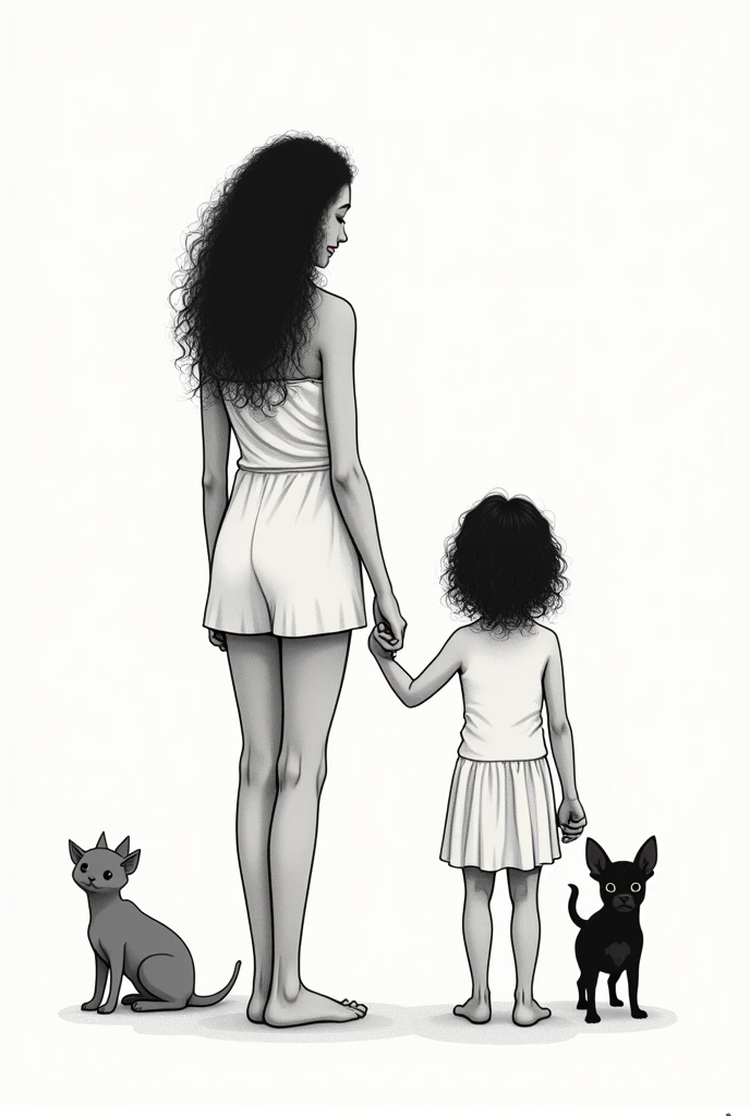 create a black and white tattoo minimalist style vector, where a  with curly hair appears holding hands with a little man with curly hair and next to him a little gray cat with a little black chihuahua, that has a spiritual context , that focuses on love and eternity