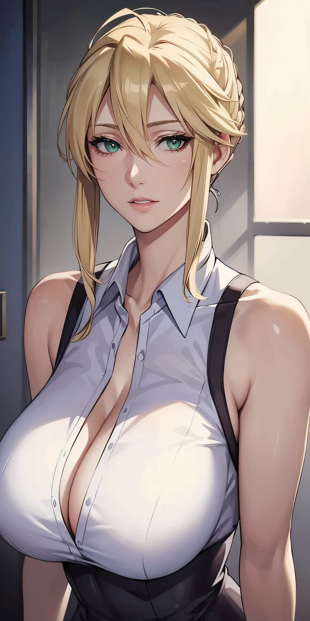 Elegant mature female, artoria pendragon, blonde, green eyes, sleeveless sweater, soft light, high quality, 4k resolution, beautiful cg