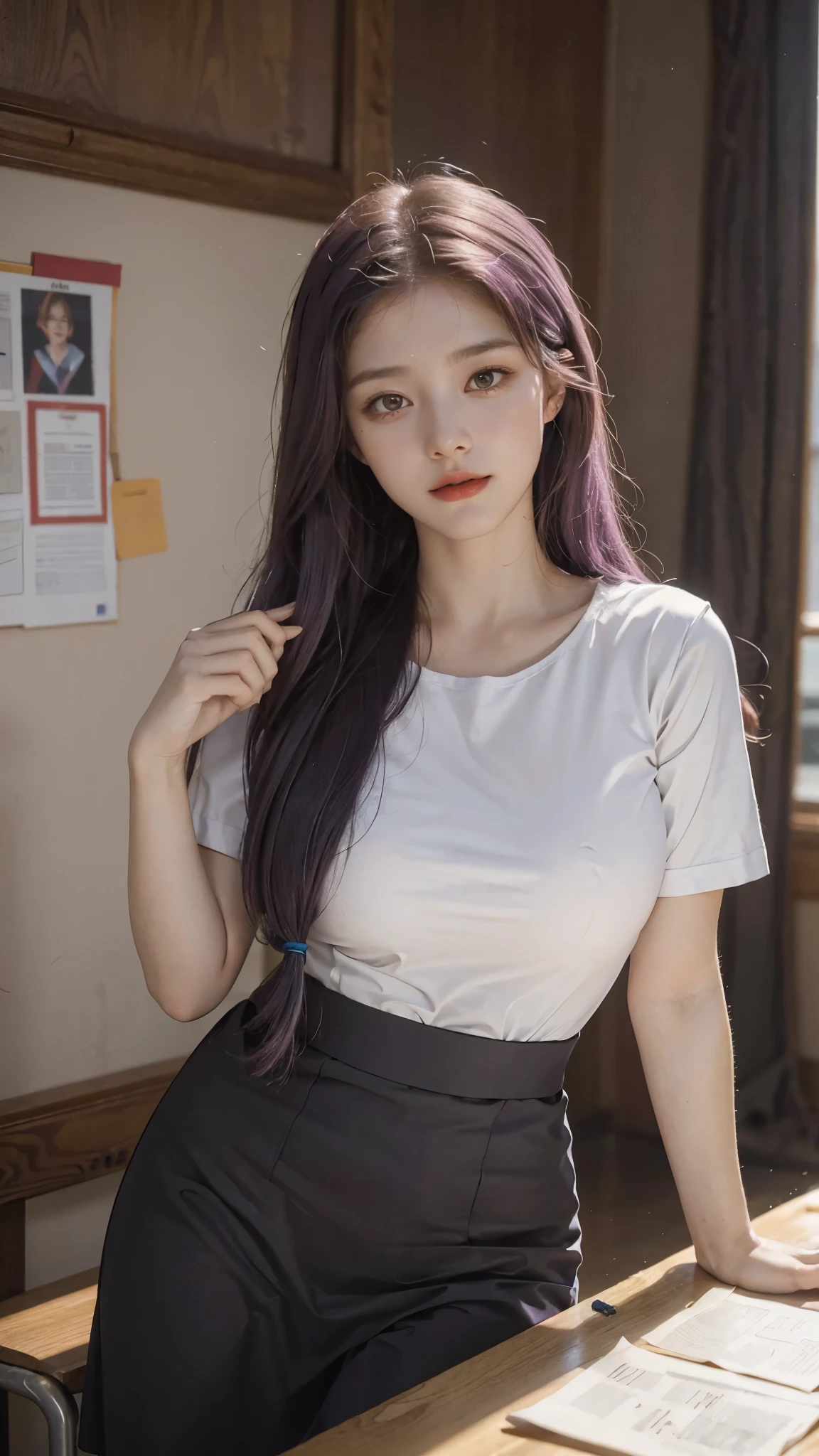 An eighteen-year-old young woman with long purple hair in a sailor suit sits in a classroom (school 1.5 in the background) (expression serious, cold 1.5) (best quality: 1.1) (masterpiece: 1.3) with an unparalleled masterpiece, surreal 8K, perfect artwork, super detail, best quality, masterpiece 4K wallpaper aesthetics, masterpiece, award-winning artwork, official art, cinematic lighting, big breast