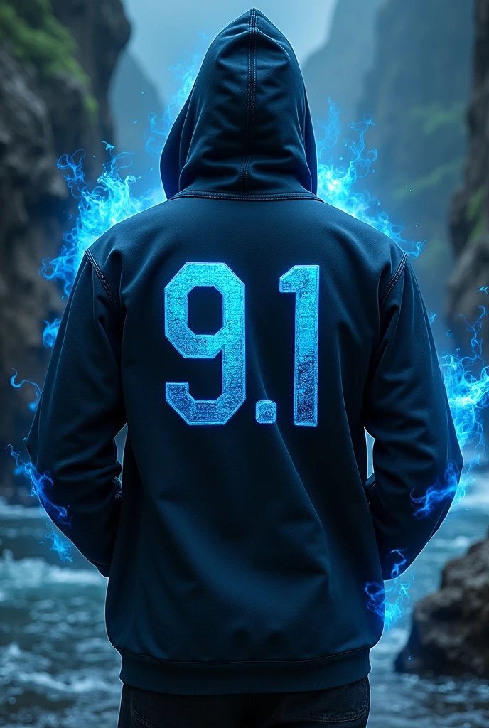 A hoodie with dark color and 9.1 logo at left chest and 9.1 word at upper back and small number 9 at middle back with shiny white that surrounded by ocean wave with ocean color and blue fire that