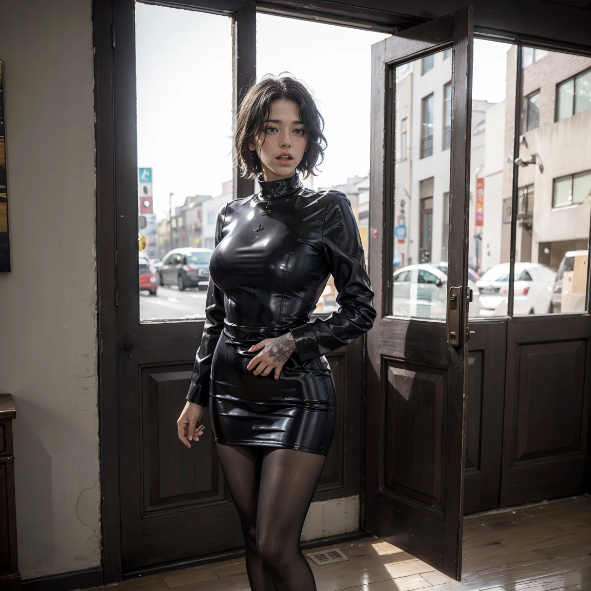(best quality,4k,8k,highres,masterpiece:1.2),ultra-detailed,(realistic,photorealistic,photo-realistic:1.37),(black hair, short hair),oily skin, huge breasts(latex short black dress, pantyhose, white oversized coat),slender body,tattoos,sweaty,illustration,stark lighting,vivid colors,seductive face, open mouth, steamy, gym, standing in the doorway, black fingernailssoft lighting, lifelike texture, photorealistic, HDR, 8k, absurdres, cinestill 800, sharp focus