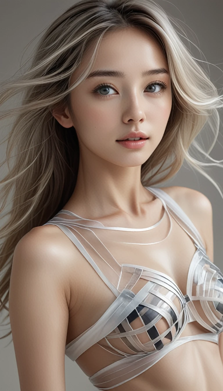 masterpiece, Highest quality, Realistic, Mode Fashion Portrait, (1 Girl, Beautiful woman:1.2), (Wide-angle:1.2), (Full Body Shot, Fashion Model, Acrobatic pose:1.2),
break
beautiful young, Small Head,
break
Detailed buttocks, Detailed legs, detailed bodyline, (Huge breasts, Impossible clothes, Tight big ass), (Very small waist:1.2), (Beautiful muscular legs, Beautiful legs:1.4), Beautiful white, silky skin, A slim and beautiful neck, Small Head, (Wide-angle:1.2), (Full Body Shot, Acrobatic pose, From below:1.2),
break Detailed all body wear,
Transparent ribbon layered ensemble Transparent ribbon layered ensemble, Building the future, The minimalist outfit features layers of sheer ribbon wrapped around the body in intricate patterns., A monochromatic black and white palette emphasizes the sophistication of the design, Strategically placed ribbons accentuate your curves, Create a harmonious combination of opacity and transparency, Create a modern feel with geometric accessories, Opt for a gentle look that complements the avant-garde aesthetic, break Small Head, Detailed face, Cute and pretty slim face, Duck mouth, perfect beautiful teeth, Trimmed gray hair, Shining Eyes, Light-colored eyes, The audience watching, (Wide-angle:1.2), (Full Body Shot, Acrobatic pose:1.2),
break
(Concrete, Realistic black Shadow, Realistic white lightning:1.2),