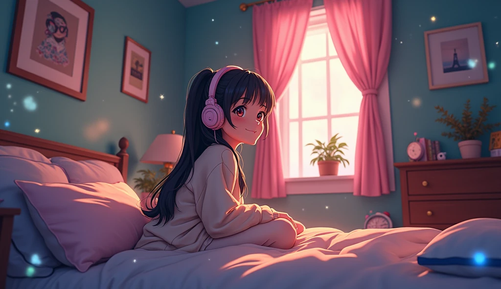 Perfect image, 8k, High school girl listening to music in a cozy room,Big Breasts、 Using headphones, 2D-style animation, Lo-Fi, Magical World、A big smile、Shine、Retro、Anime style illustrations、Mature atmosphere