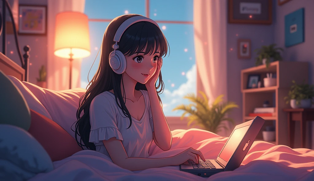 Perfect image, 8k, High school girl listening to music in a cozy room,Big Breasts、 Using headphones, 2D-style animation, Lo-Fi, Magical World、A big smile、Shine、Retro、Anime style illustrations、Mature atmosphere