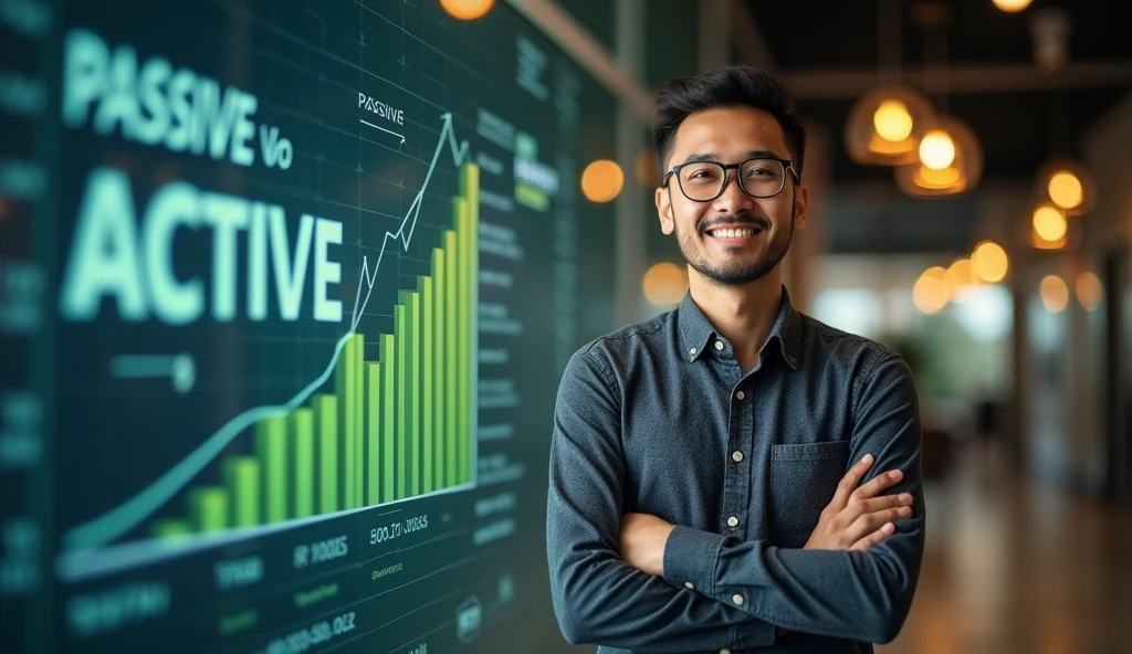 (photorealism:1.2), Text "GET PROFIT FORM PASIF & ACTIVE INCOME" or in large font, thick, and kontras tinggi (for example, white on a dark or blue background).
Highlight words like "Passive" and "Active" with different colors or with effects such as shadows or outlines to make it more striking.
Use the icon that symbolizes passive income (like money flowing from a cell phone or computer) and pendapatan aktif (like someone who works or transacts).
- **Growth Chart**: Include a simple graph showing the increase, as a symbol of growing income.
- **Stack of Money or Coins**:
warna latar yang mencerminkan kepercayaan and kemakmuran seperti biru, green, or gold. Warna ini memberikan kesan profesional and serius, but still interesting.
Gunakan skema warna yang harmonis namun kontras untuk Text and elemen visual lainnya, seperti kombinasi biru-green or gold-putih.
use a picture of an Indonesian man with a confident or happy expression, mungkin seandg bekerja atau melihat hasil dari investasi mereka. Ekspresi ini menarik perhatian and menambah koneksi emosional.
Pastikan elemen penting seperti Text and ikon memiliki highlight and shadow yang cukup agar terlihat jelas and memiliki kedalaman.