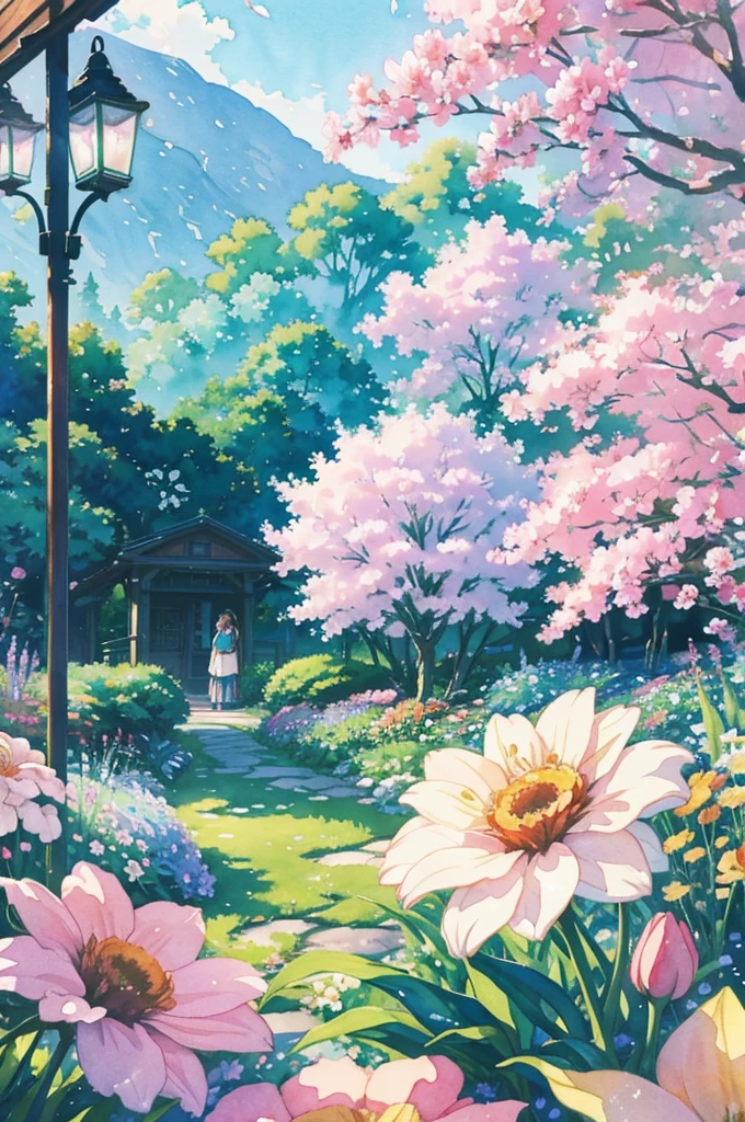 Studio ghibli inspired,Watercolor Floral, Garden Background, Watercolor, Blurry, Flower, Floral Phone Wallpaper