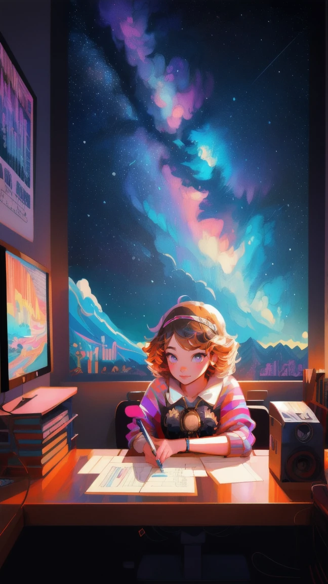 illustration of acute beautiful girl sitting at a desk with a computer and a lot of money, illustration daily deviation, ( ( ( ( ( dan mumford ) ) ) ) ), in the style dan mumford artwork, trading, 🚀🚀🚀, in style of cyril rolando, inspired by Cyril Rolando, cyril rolando and goro fujita, official fanart