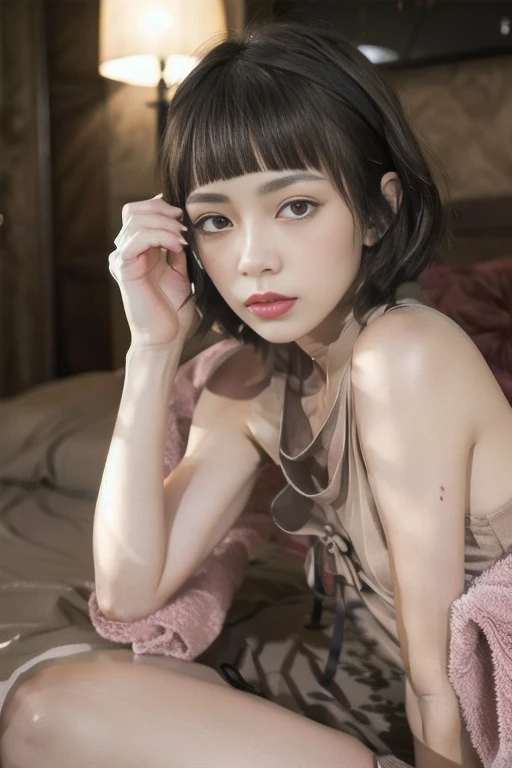 raw photo, 8k, (top-quality), Realistic, (real picture, Intricate details), (natural skin texture, detailed skin, hyper realism, sharpness), (Japanese girl sitting on small bed in a old hotel at night, hands between leg), ((towel wrapped on naked, naked towel)), (((flat chast:1.5))), (slender body, pale skin:1.2), ((wavy hair, blunt bangs)), (baby facative look, Parted lips:1.3, eye bag:1.3, red thick lips, under eye circle), thighs, night time, red wallpaper, hard lighting:1.3, full body shot