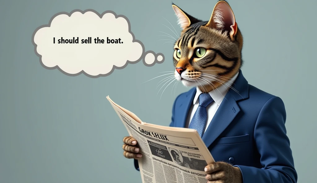 photorealistic, highly detailed, 8k, masterpiece, A cat wearing a blue business suit and tie, reading a newspaper, newspaper headline says "GROK 2 FLUX", cat thought bubble says "I should sell the boat",
