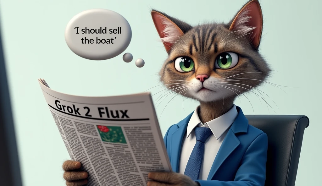 photorealistic, highly detailed, 8k, masterpiece, A cat wearing a blue business suit and tie, reading a newspaper, newspaper headline says "GROK 2 FLUX", cat thought bubble says "I should sell the boat",
