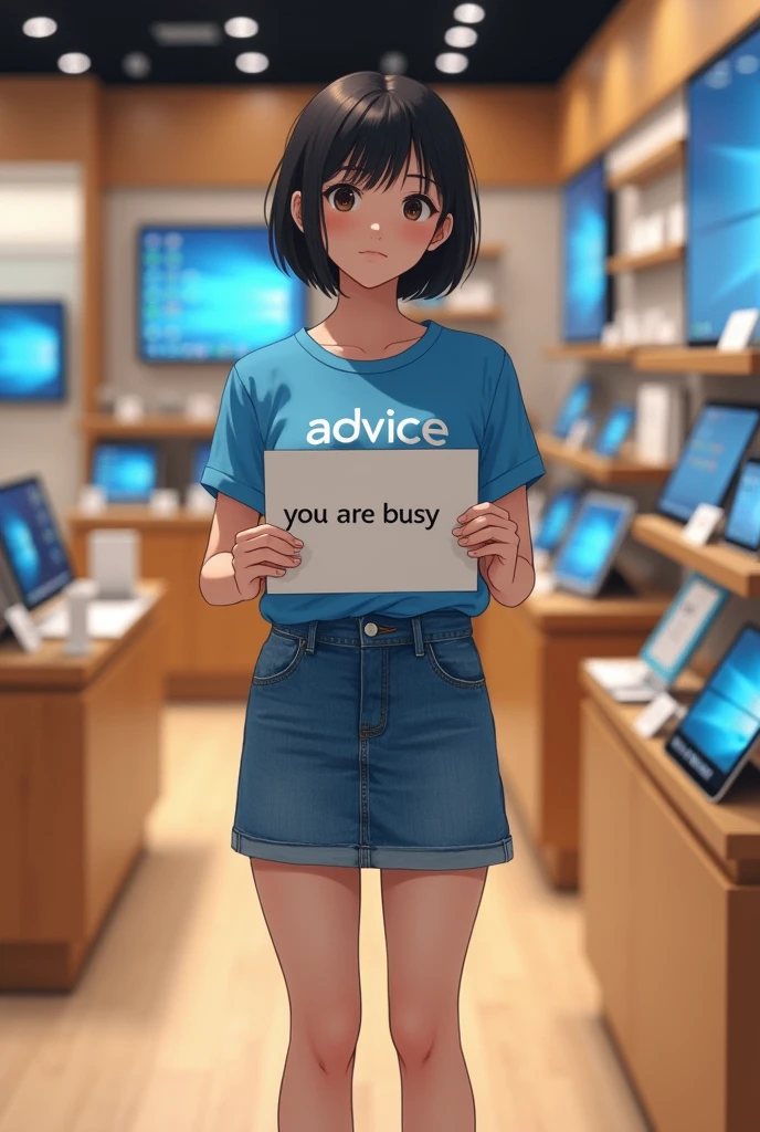 Beautiful Thai Girl, short hair, Wear a blue T-shirt with the words printed on it "ADVICE", Wear a short jean skirt, Wearing white sneakers., (((Standing holding a sign "YOU ARE BUSY")))., In a tablet computer store, (((full body))).