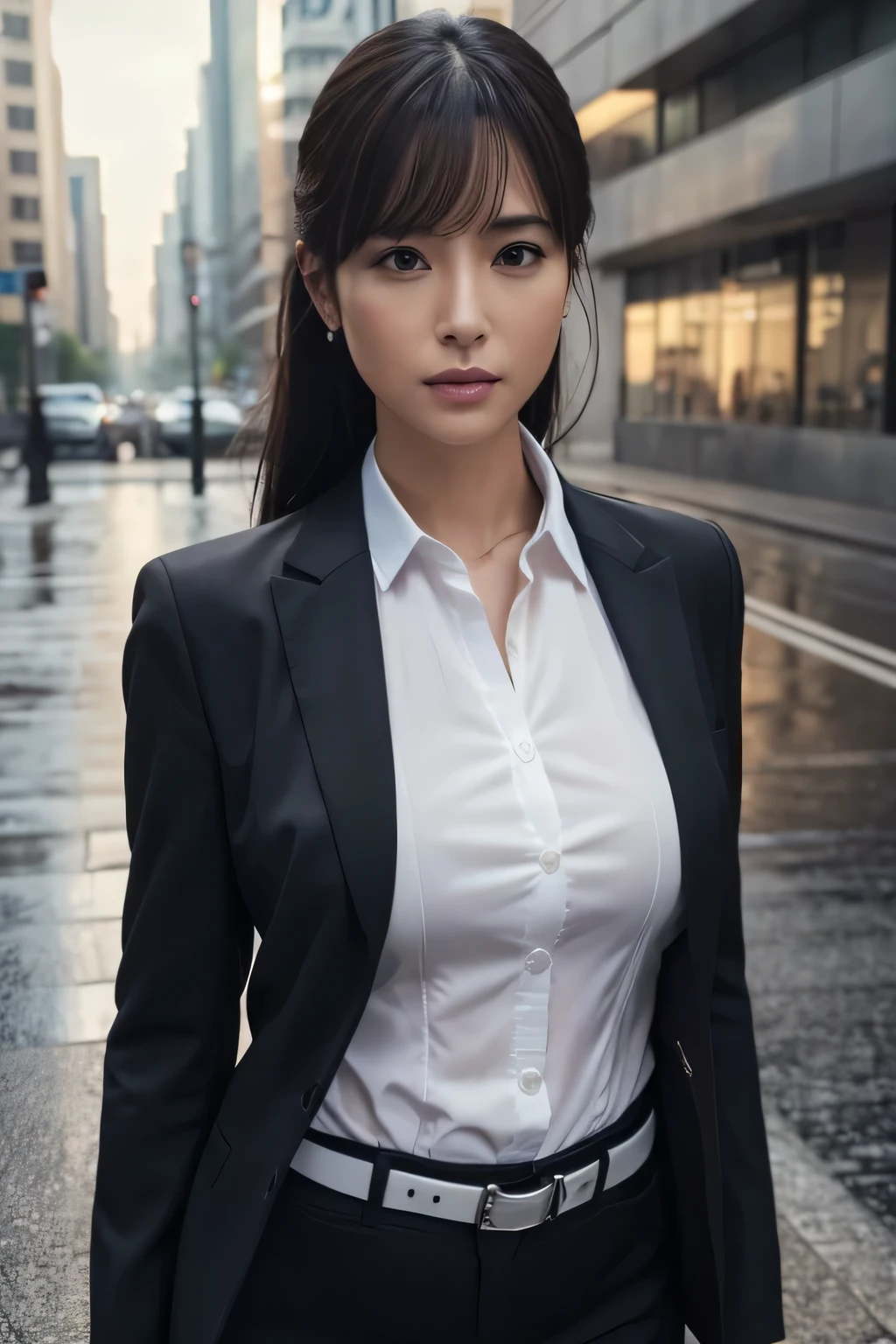 a woman in a suit, belt, hands behind back, sweating, suspenders, black jacket, black pants, sexy, large breasts, see-through clothing, rain, heavy rain, detective, office worker, white button-up shirt, (best quality,4k,8k,highres,masterpiece:1.2),ultra-detailed,(realistic,photorealistic,photo-realistic:1.37),hyper-detailed,highly detailed face and body, スレンダー 細い サスペンダー 大きい胸 透けたシャツ