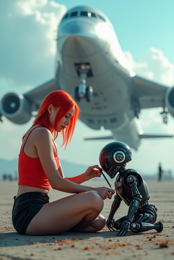 (((cyberpunk style with neon style mixed in))) sean taken from a low-angle perspectiv of a bright red haired woman in a red tank top and black shortsthat resenble a sexy repair uniform is sitting on the ground with a tool in hand fixing a broken robot. The robot is black and silver with ans is damaged, is positioned in front of her. The woman is looking at the robot and repairing it. In the background, a large silversleek futuristic cyberpunk spaceship is positioned against a backdrop of a clear blue sky with white clouds as it is landing at the cyberpunk looking spaceport., cinematic lighting, glowing light, reflection light, blending, UHD, retina, masterpiece, accurate, anatomically correct, textured skin, super detail, award winning, best quality, highres, 4K, 8k, 16k