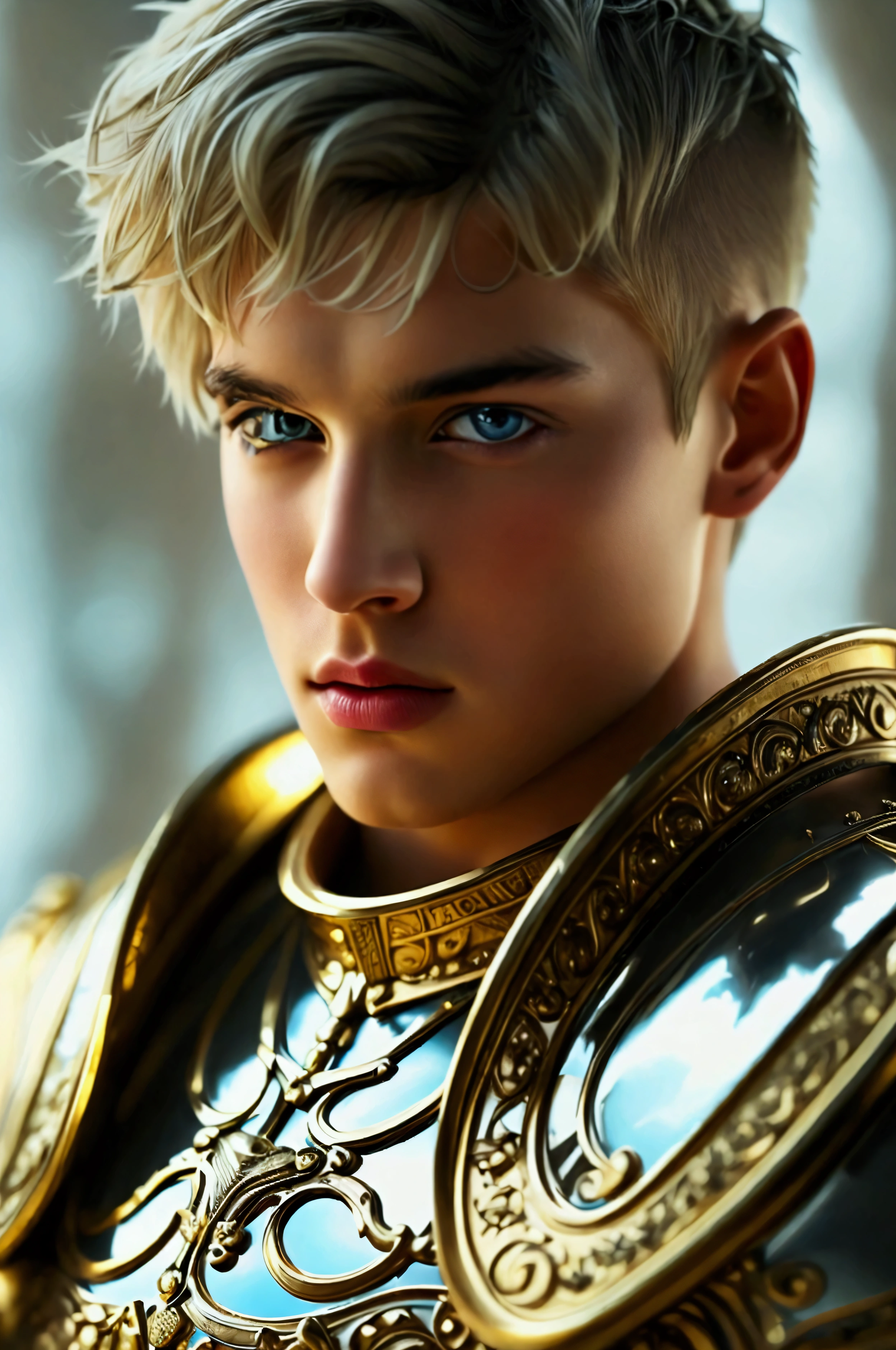 Best Quality, masterpiece, ultra high resolution, White background, realist, hades style, recanted from a 16 year old prince on the battlefield, Short blonde hair, amber eyes, Armor of the Imperial Prince, layer, depth of field