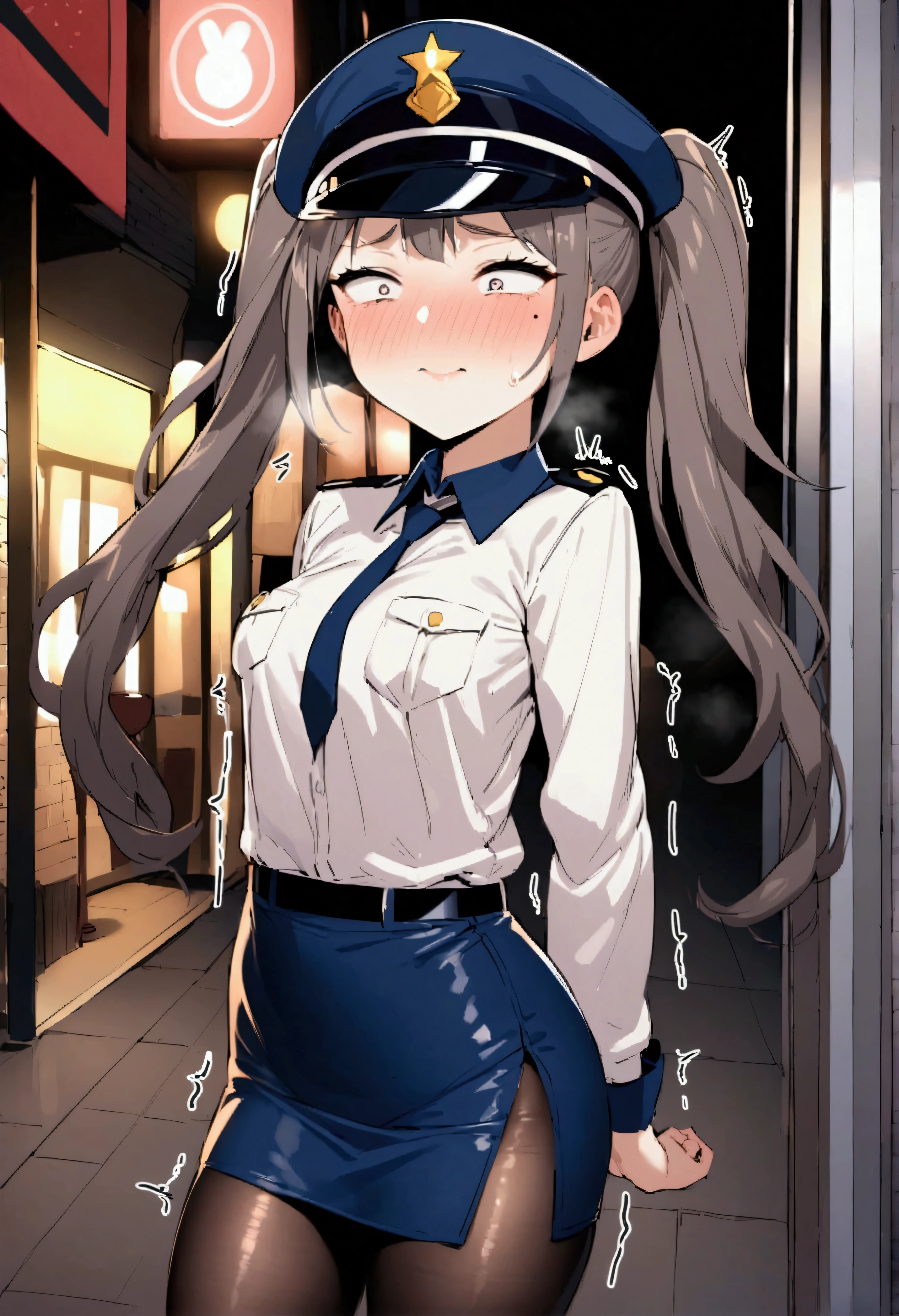 NSFW,masterpiece,Highest quality,High resolution,Very detailed,Baby-faced girl,Young face,Round face,mole,long hair,Twin tails,Short height,Police Officer,hat,Pencil Skirt,pantyhose,Heel,Nightlife,In town,(Molester),Embarrassed,(Lustful face),I feel,(Love juice drips),Trembling,Hug from behind
