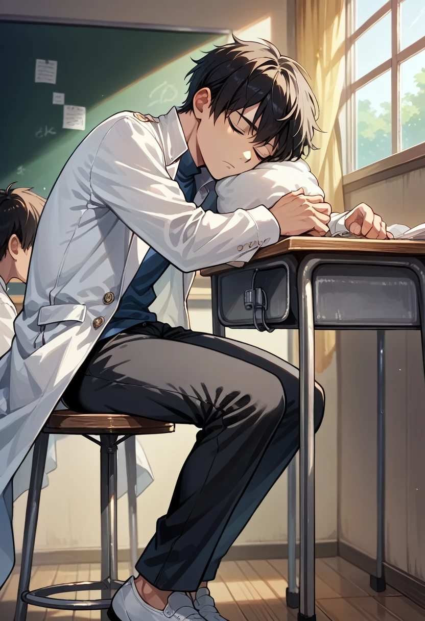 Best quality: 1.0), (super high resolution: 1.0), anime boy, short black hair, blue eyes, white coat, black pants, sleeping on a stool, background in classroom