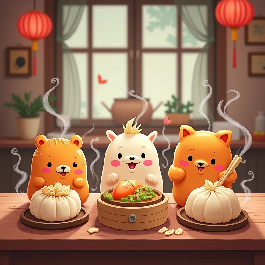 Chinese Breakfast，Xiao Long Bao，Dumplings，Shaomai，gourmet food，steam，Cartoon