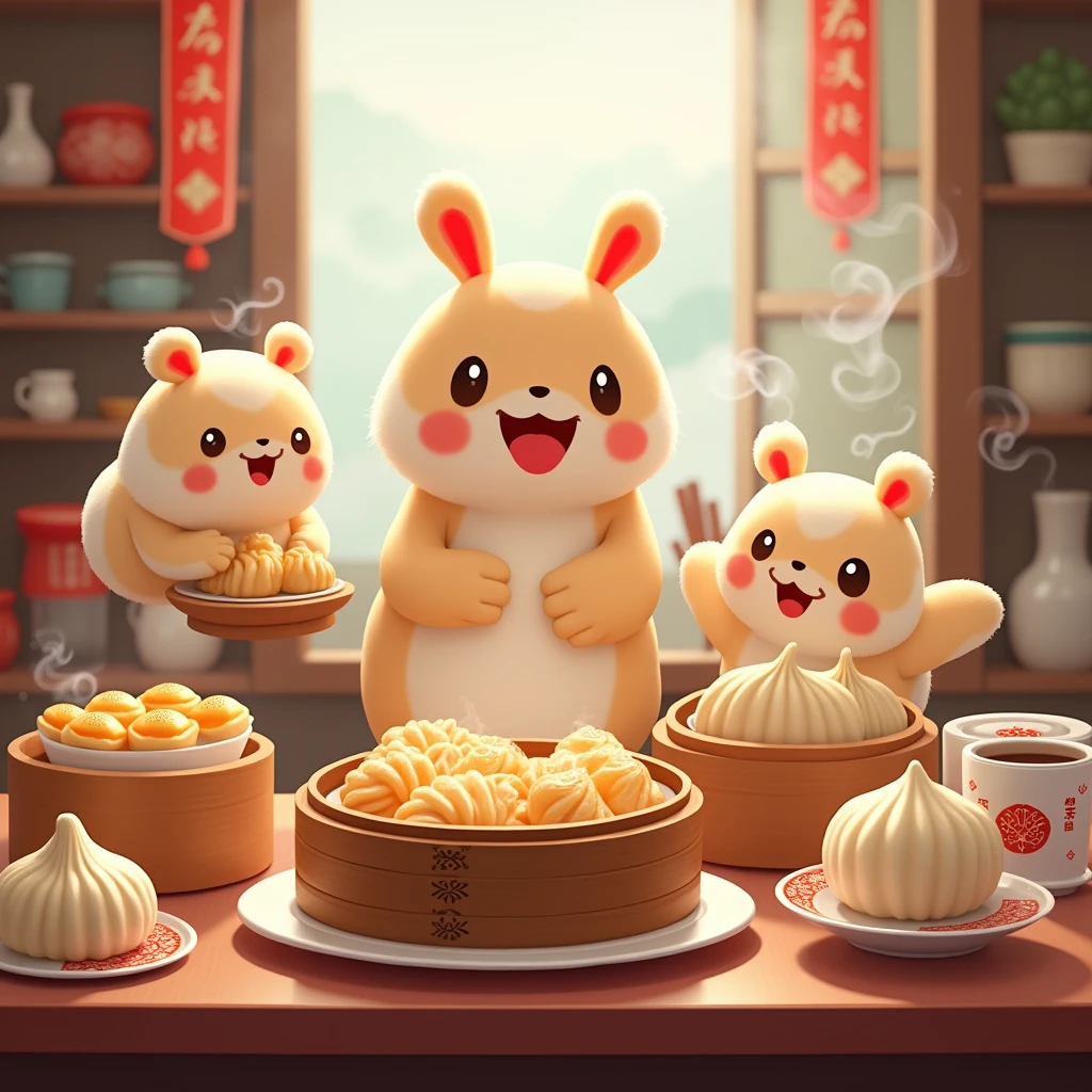 Chinese Breakfast,Xiao Long Bao,Dumplings,Shaomai,gourmet food,steam,Cartoon