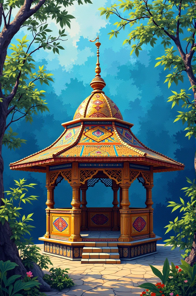 Make a mosaic of a hut with a roof like the Sumedang Grand Mosque blending in with a blue background.