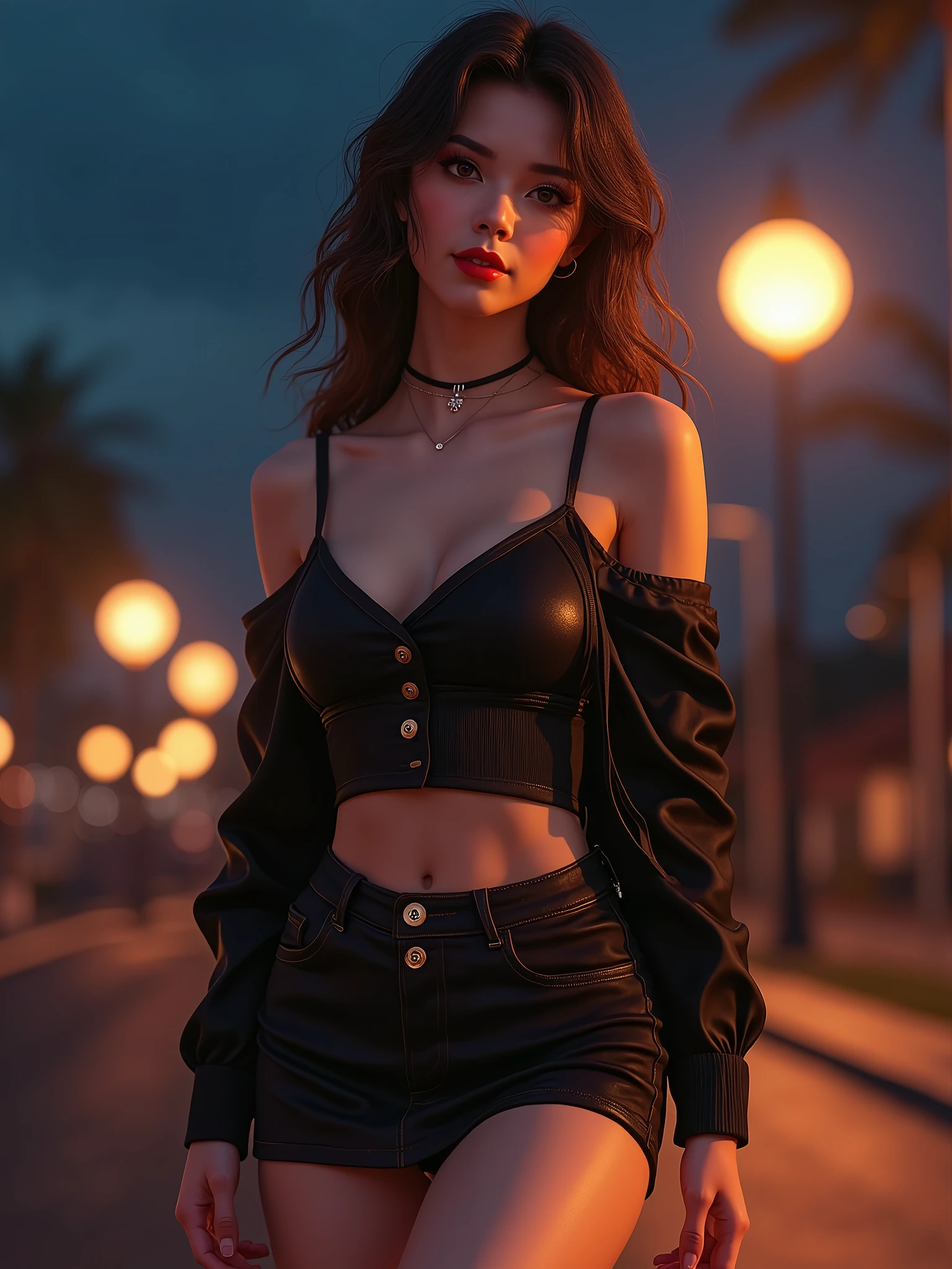 ((Bare shoulders)), ((Full breasts)), ((The skirt is short)), ((Sexy legs)), ((whole body)), Practical, Fashion girl, Red lips, Mature women, Exquisite makeup, big eyes, beautiful, (best quality, masterpiece:1.2), Ultra Detailed, (Practical:1.37), ((Random scenes, Random shooting angles)), ((Sexy long legs)), Young and energetic, Charming model, (Delicateeyes, Delicate lips), Show a bright smile, Create stunning girl images, warm color, Very high color saturation, Official Art, Extremely detailed CG, Unity 8K Wallpaper, (High Dynamic Range :1.4), (Movie atmosphere),(Soft colors), (Natural skin texture, ultra-Practical, Soft Light, sharp),(Very detailed), night, moonlight