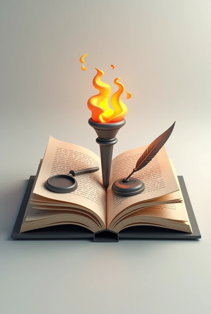make a logo where an open page book has a drawing of torch and on the other page is gavel, quill and ink . in 3d complex design