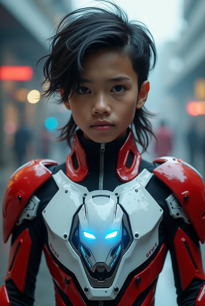 a young 17 year old boy wearing a red and white exoskeleton armor, a robot face on his chest , malaysian mullet hairstyle, detailed face and eyes, highly detailed, 8k, photorealistic, cinematic lighting, concept art, sci-fi. Led light blue.led light robot face on body Punisher. Marvel. Alien robot face on body. Mechamato. Robot face on chest. Talking robot on chest.