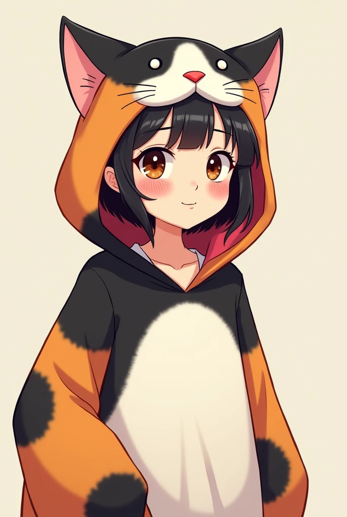 A beautiful middle aged Japanese woman wearing a cat costume with hoodies. The fur pattern should be that of calico cat: patches of white, black, and white. The costume doesn't have a cat face. It should show only above her chest. Make it into cartoon image.