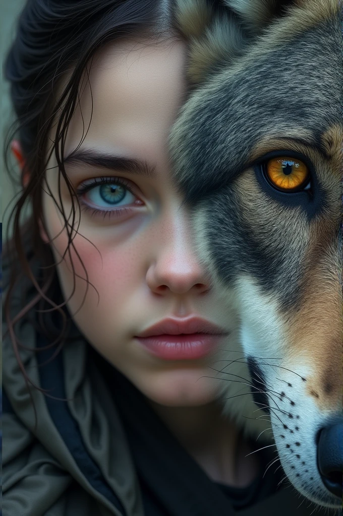 Arya stark hyper realistic close up and nymeria is ober her face but at the same time is like a superposition one of the wolf eye at the same level of arya's