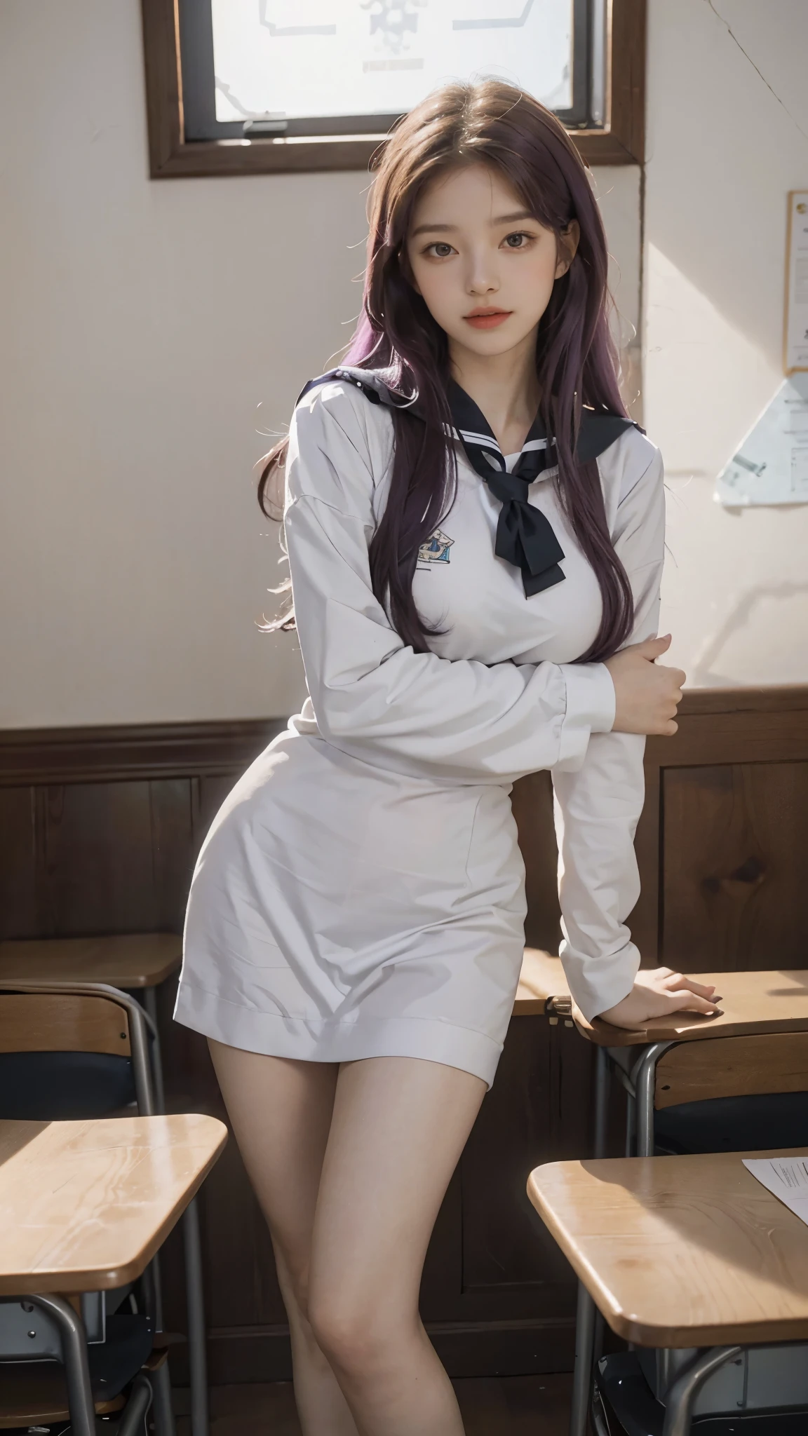 An eighteen-year-old young woman with long purple hair in a sailor suit sits in a classroom (school 1.5 in the background) (expression serious, cold 1.5) (best quality: 1.1) (masterpiece: 1.3) with an unparalleled masterpiece, surreal 8K, perfect artwork, super detail, best quality, masterpiece 4K wallpaper aesthetics, masterpiece, award-winning artwork, official art, cinematic lighting, big breast