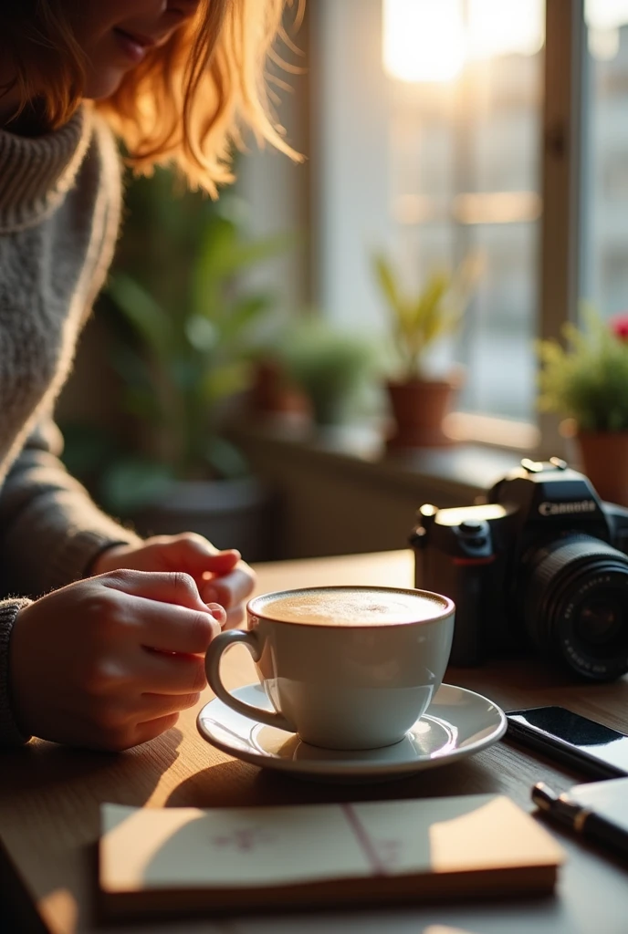 A scene of a photographer or videographer enjoying a morning coffee. The setting is a cozy cafe with warm, natural light streaming through a large window. The person is dressed casually, with a camera or video equipment placed on the table beside the coffee cup. The focus is on their hands holding the coffee cup and the camera equipment, with some creative accessories like a notebook or smartphone visible. The composition should emphasize the aesthetic of a peaceful morning, capturing the essence of a content creator preparing for the day. The photographer's or videographer's face is intentionally out of frame, ensuring the focus remains on the mood and objects in the scene. Like iphone photo that he took of the coffee and the camera don't show a person