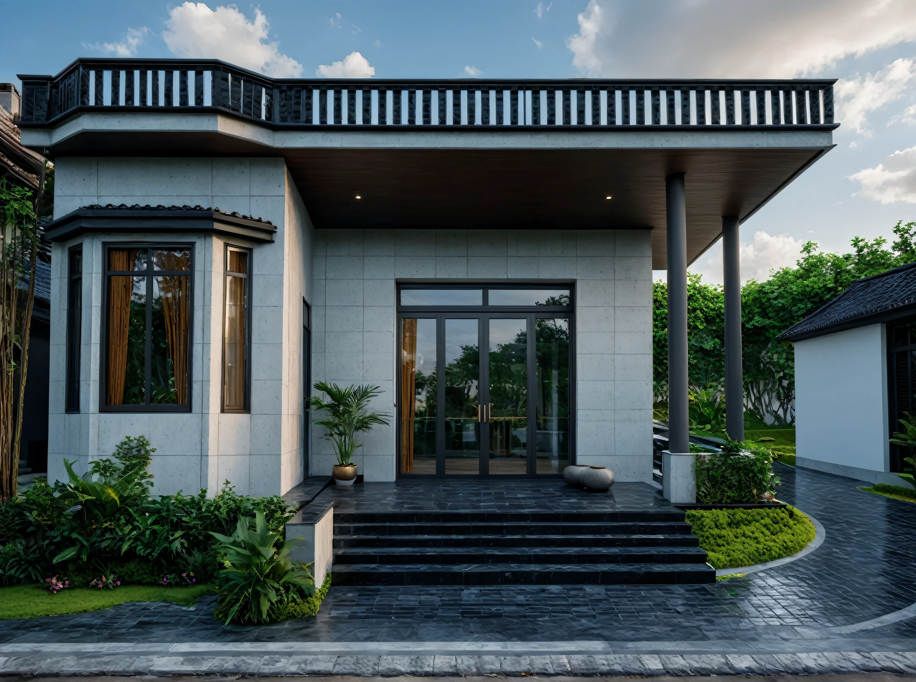 there is a small house with a lot of windows and steps, inter dimensional villa, frontview, exterior design, in style of ultra realistic, front view dramatic, architectural shot, arhitectural shot, exterior photography, dramatic entry, a long-shot from front, contemporary house, wide angle exterior 2022, award-winning masterpiece, overall architectural design