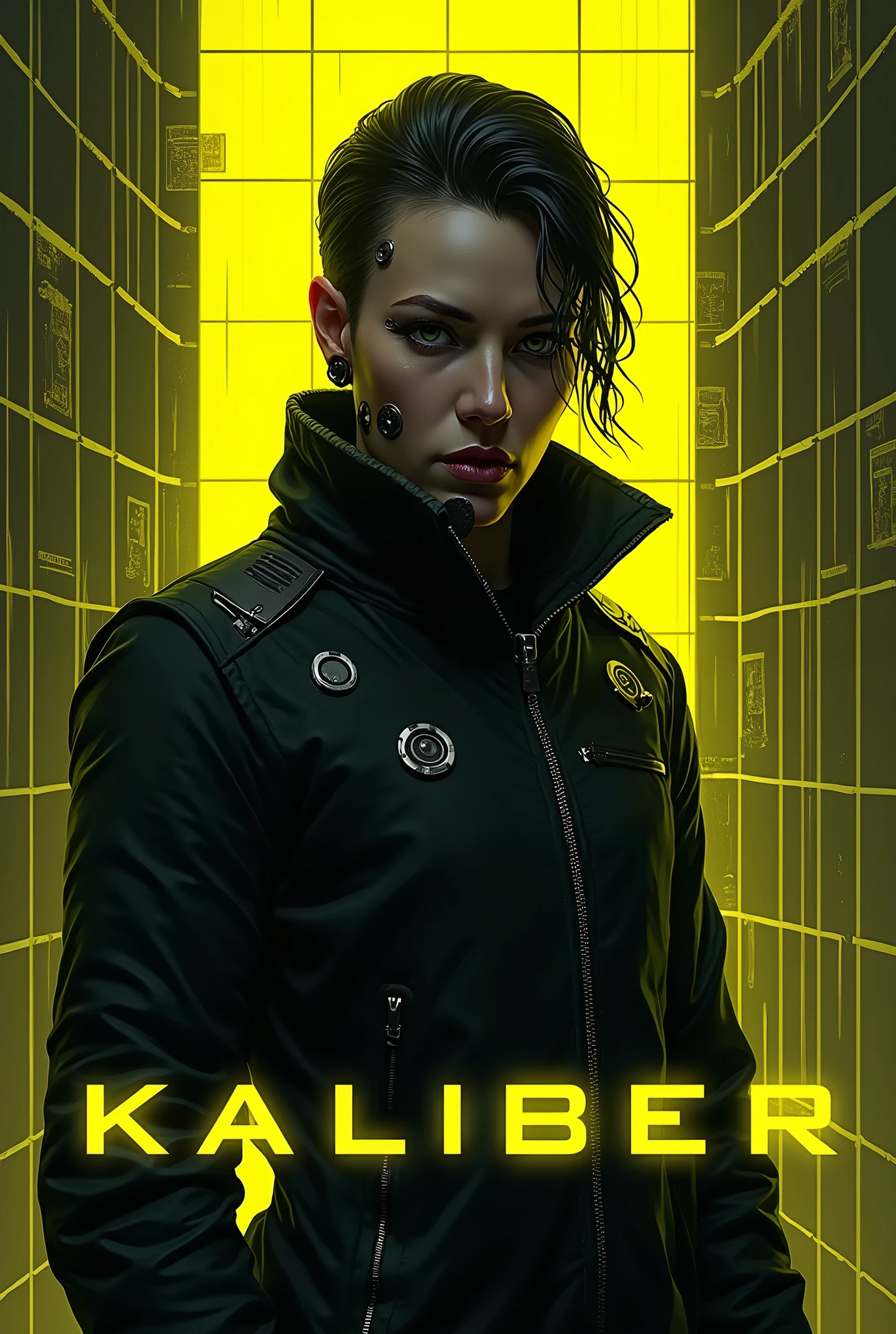 Use this image to create a cyberpunk related imagine with the character from the image used with a neon yellow grid like background with the word Kaliber in neon yellow letters