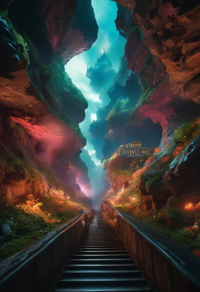 Alexis Briclot, Johannes Voss, Steve Argyle; Underground city in the clouds, Photo taken with Nikon D750, In the underground landscape, Dynamic Lighting, RTTX 10.0, Ray Tracing, Complex, elegant, Digital Illustration, Scenic, maximalist, Ultra-realistic, Ultra-detailed, Bright colors, Vivid, 8k