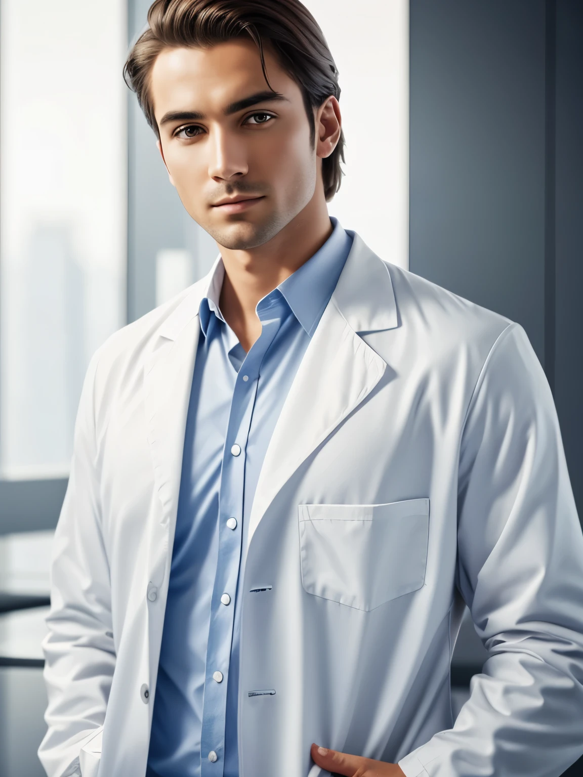 Wear a white lab coat. The background is plain. confused. intelligent face. 4K quality