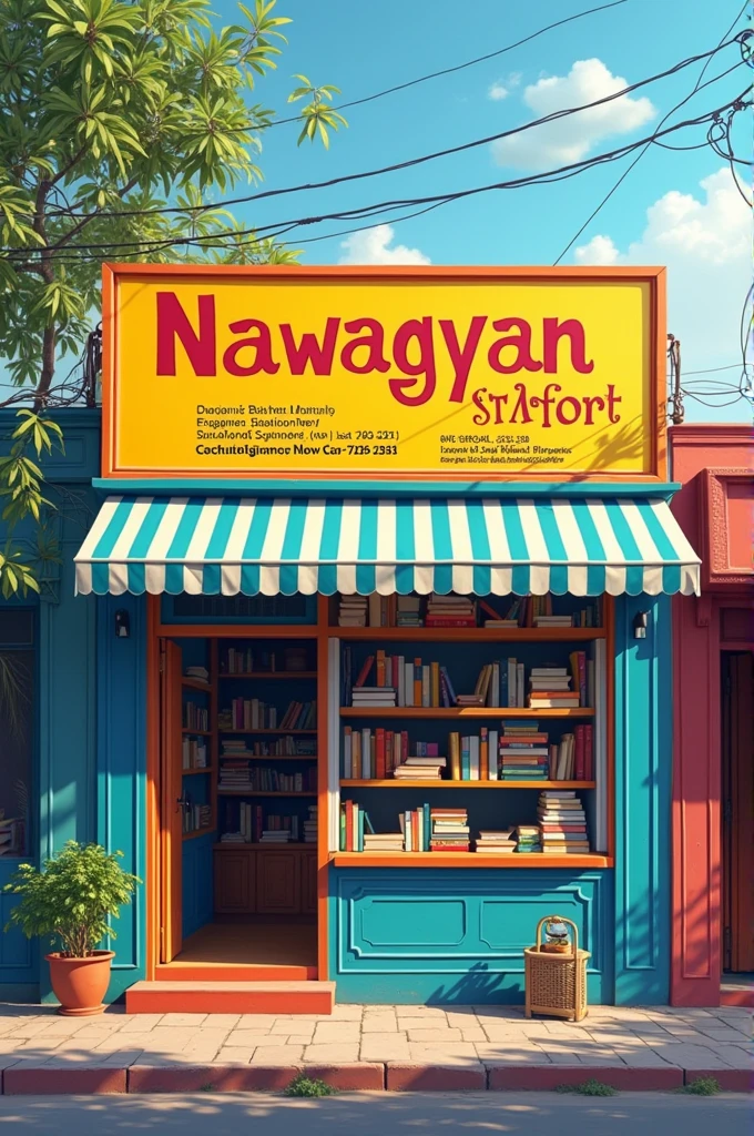 Create hoarding Board for my book shop name: Nawagyan Book and Stationery
Contact: 9847474566
With blue, yellow and white background
Include properiter name Sangita Bhattarai