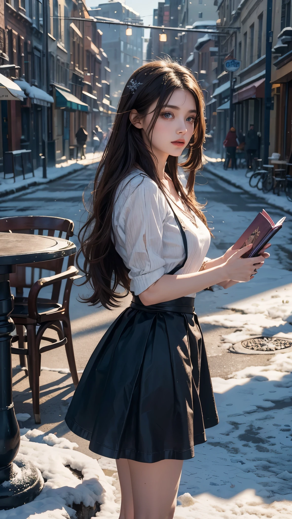 (otherworldly), highly insanely detailed, masterpiece, top quality, best quality, highres, 4k, 8k, RAW photo, (very aesthetic, beautiful and aesthetic), EclipseNightmareBunny,eclipse_(brown_dust_2),brown_dust_2,brown_dust,very long hair, purple hair, blue eyes,colored inner hair,black hair,standing by the walls of the cafe, table on the street, book lying on the table,shadow,floating,flying, (1girl:1.3), beautiful blue eyes, medium breasts, red skirt, powerful legs , chain at the waist, car, solo focus, winter,(snowylandscape,snowflake,city snowy street view:1.2),lightning glare,floating cloud,fog,foggy,