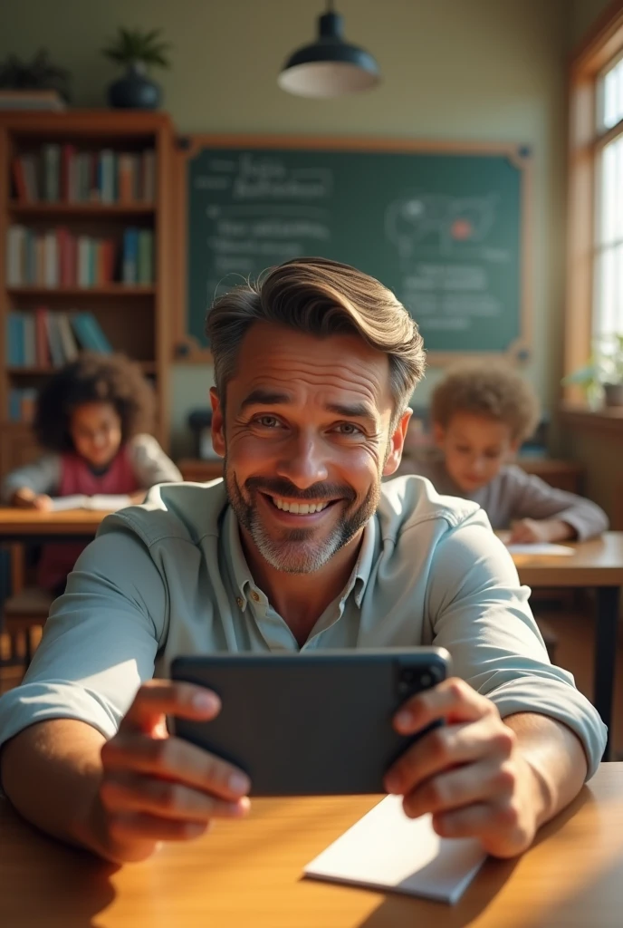 (photorealism:1.2), selfie with a handsome teacher as he peeks the phone from behind your shoulder