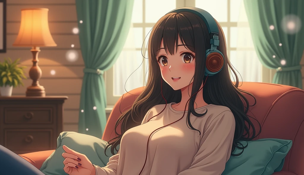 Perfect image, 8k, High school girl listening to music in a cozy room,Big Breasts、 Using headphones, 2D-style animation, Lo-Fi, Magical World、A big smile、Retro、Anime style illustrations、Mature atmosphere