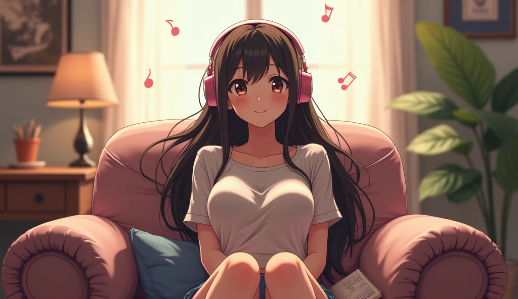 Perfect image, 8k, High school girl listening to music in a cozy room,Big Breasts、 Using headphones, 2D-style animation, Lo-Fi, Magical World、A big smile、Retro、Anime style illustrations、Mature atmosphere