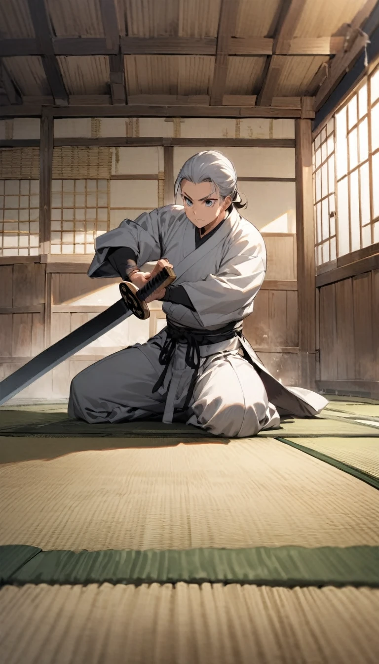 A samurai practicing sword techniques in a traditional dojo, his movements precise and powerful. The room is lined with tatami mats and wooden beams."