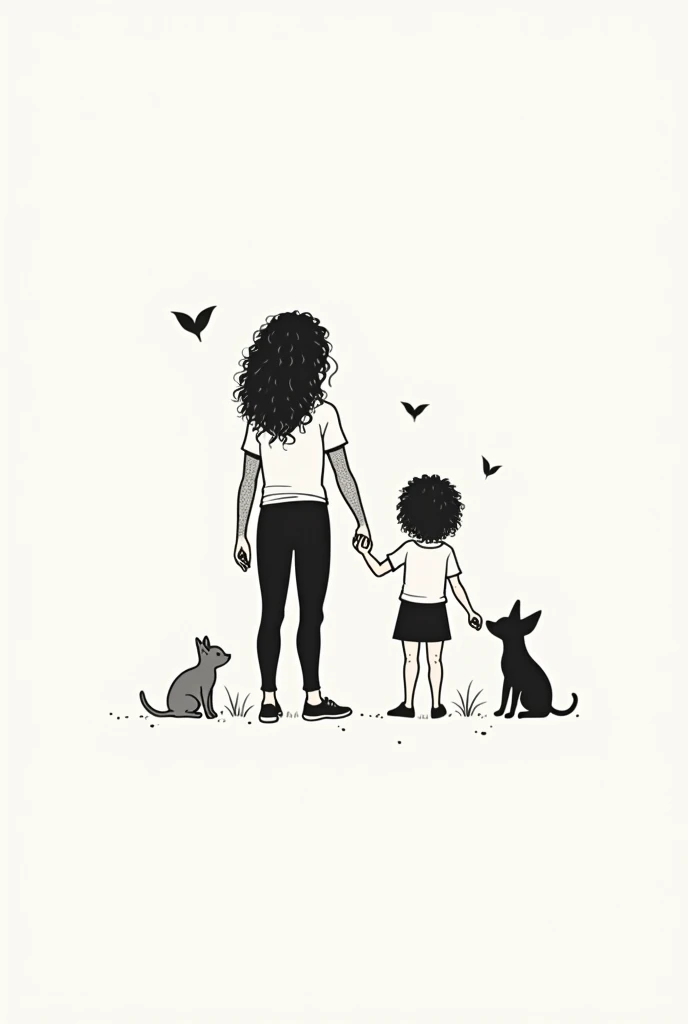 create a black and white tattoo minimalist style vector, where a with curly hair appears holding hands with a little man with curly hair and next to him a little gray cat with a little black chihuahua, that has a spiritual context , that focuses on love and eternity