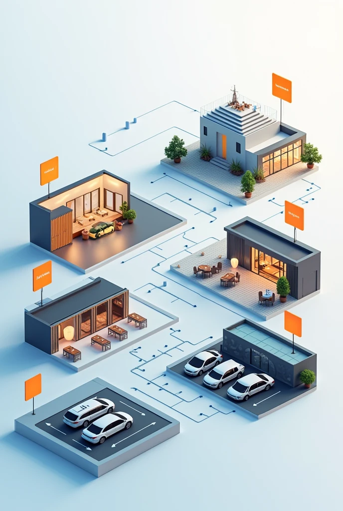 Create a visually appealing background image for a reservation system portal. The image should integrate elements of meeting rooms, vehicles, accommodations, and restaurants in a cohesive and professional manner. The design should be modern and user-friendly, with a subtle blend of these elements to reflect the functionality of the portal. Incorporate a color palette that matches a professional and clean aesthetic, suitable for a reservation system interface.
