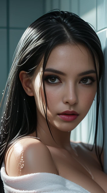 beautiful mature woman, wet long black hair color,pink lips, realistic, narrow waist, charming, colorful makeup, long eyelashes, fair skin, (cute), (detailed wet face), detailed eyes, detailed iris, (large breasts:1.2),wrapped in a white towel,bathromm scene