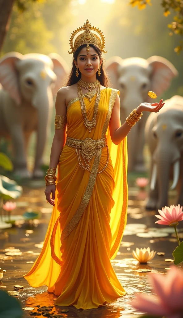 beautiful Goddess Lakshmi as a in a yellow golden silk saree with golden ornaments, surrounded by white elephants and a water lotus. smiling happy young and looking at camera and blessing with one hand with lot of gold coins